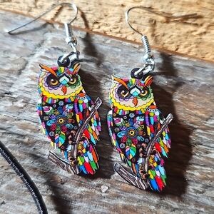 Multicolor Resin Owl Earrings with Black Elastic Bracelet